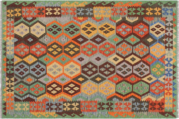 Flat Weave Kilim, Antique, Navaho, Vintage, Handmade, Geometric Kilim Gray Green Hand-Woven Rectangle 100% Wool Area Rug 5 x 7